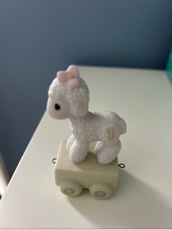 Precious Moments Other - Precious Moments White Lamb Figurine on Pale Green Pull Cart with Pink Bow
